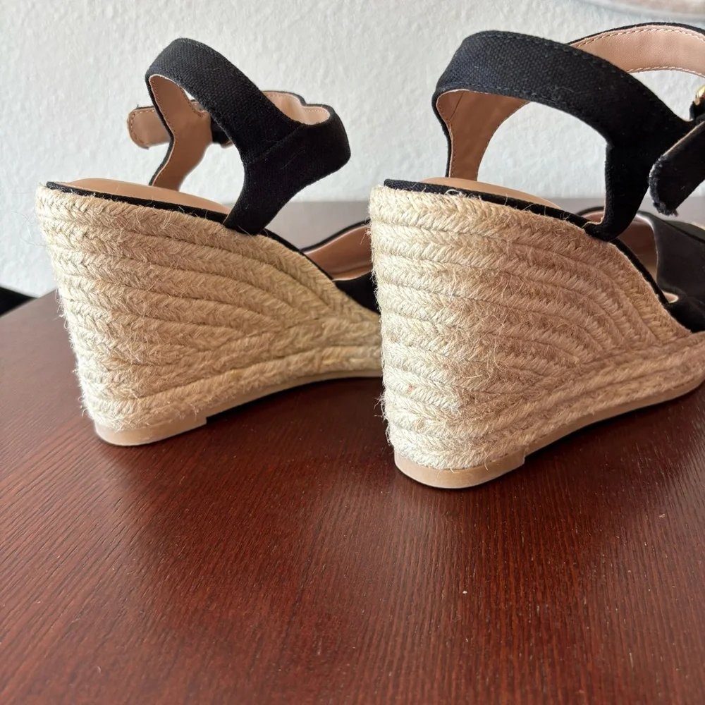 Time And Tru Women's Square Toe Black Espadrille Wedge Heels Size 8